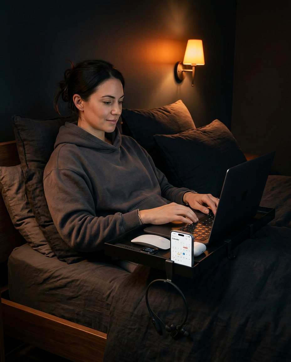 Woman in bed at night using a laptop resting on the clip-on bedside tray