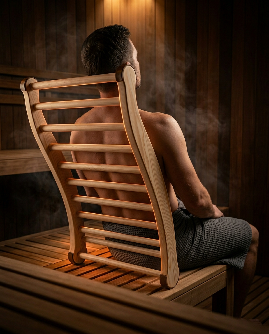 Man relaxing and leaning back against the wooden sauna backrest in a sauna