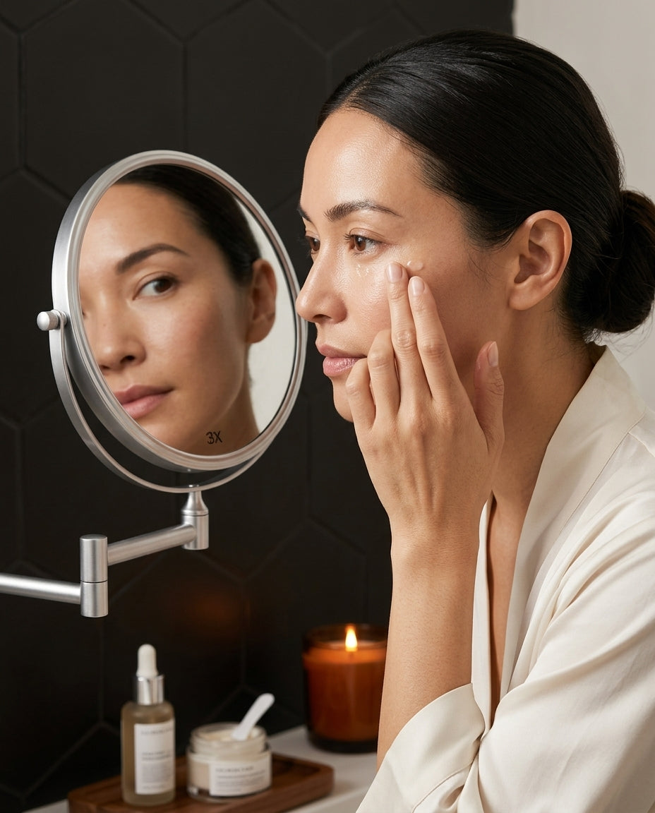 Woman doing skincare, her reflection shown in the wall-mounted magnifying mirror