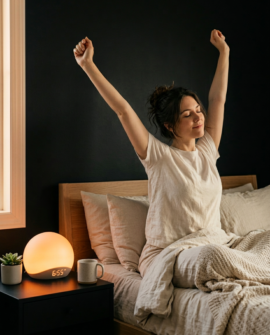 Woman stretching awake in bed beside the glowing sunrise wake-up light