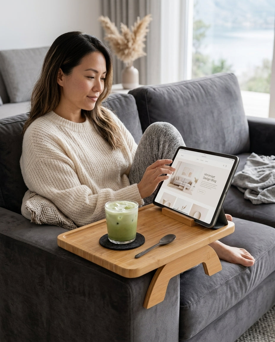 Woman on a couch using a tablet propped in the bamboo arm tray table