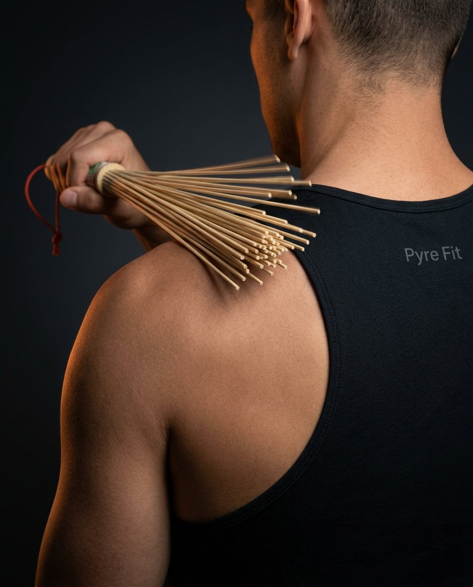 Man tapping his shoulder with the bamboo massage roller for recovery