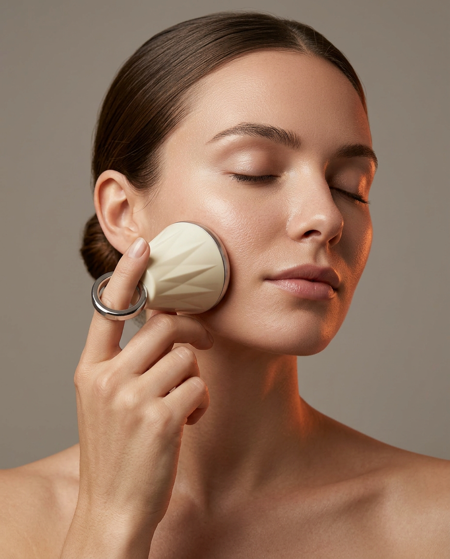 Woman gliding the cream cooling face tool across her cheek with glowing skin