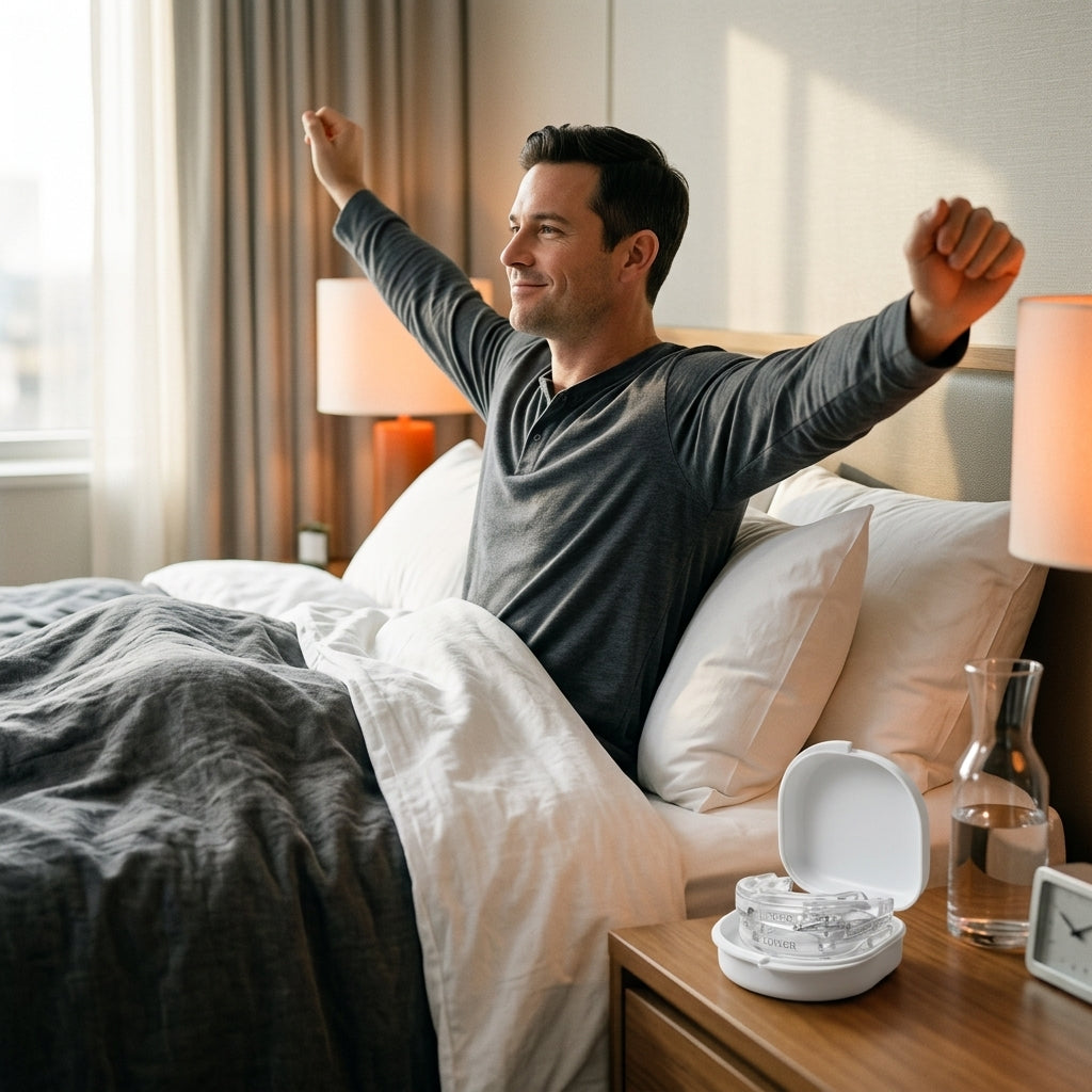 Man stretching awake and rested in bed with the mouth guard case nearby