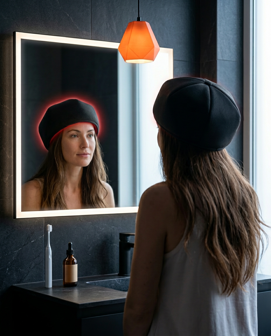 Woman in the red light scalp cap at a lit bathroom mirror in the morning
