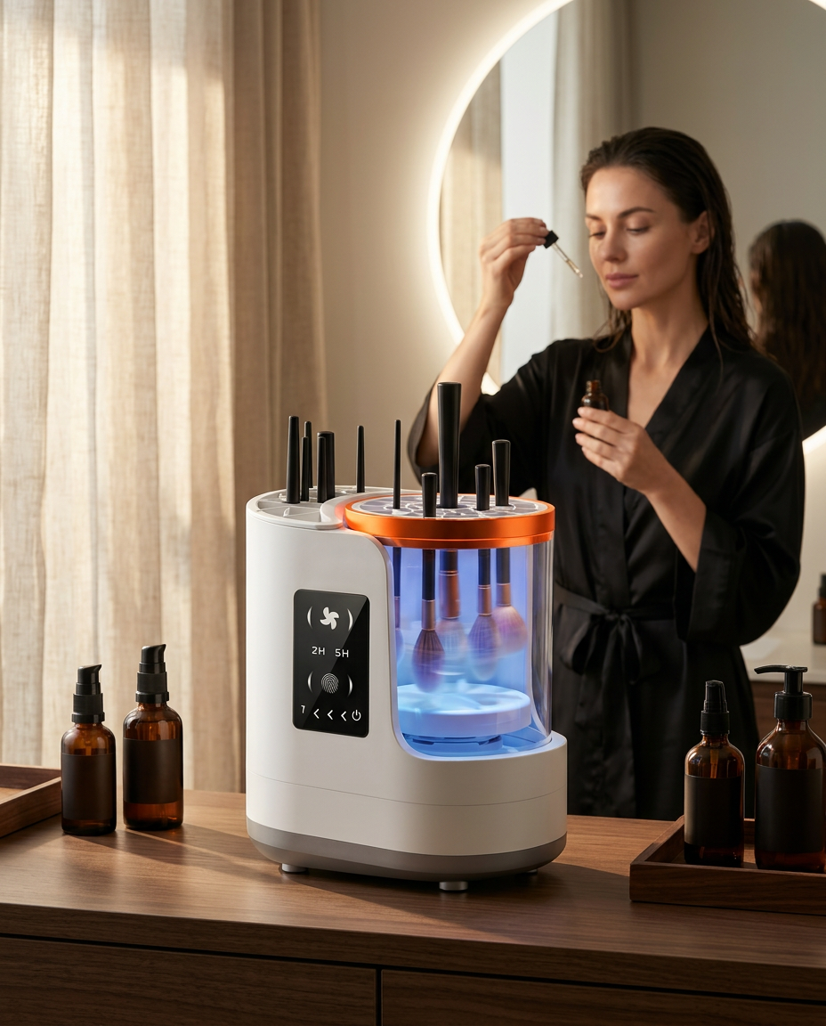Woman in a robe using the makeup brush cleaner at her vanity in the morning