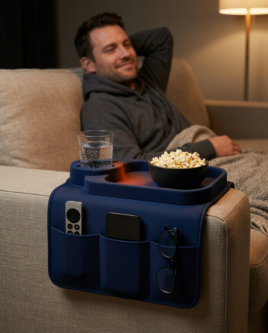 Man on a couch during movie night with the navy organizer holding popcorn and drink