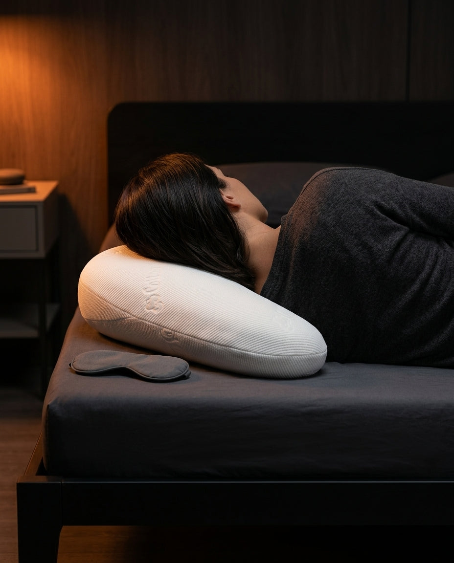 Woman sleeping with head and neck resting on the V-shaped pillow