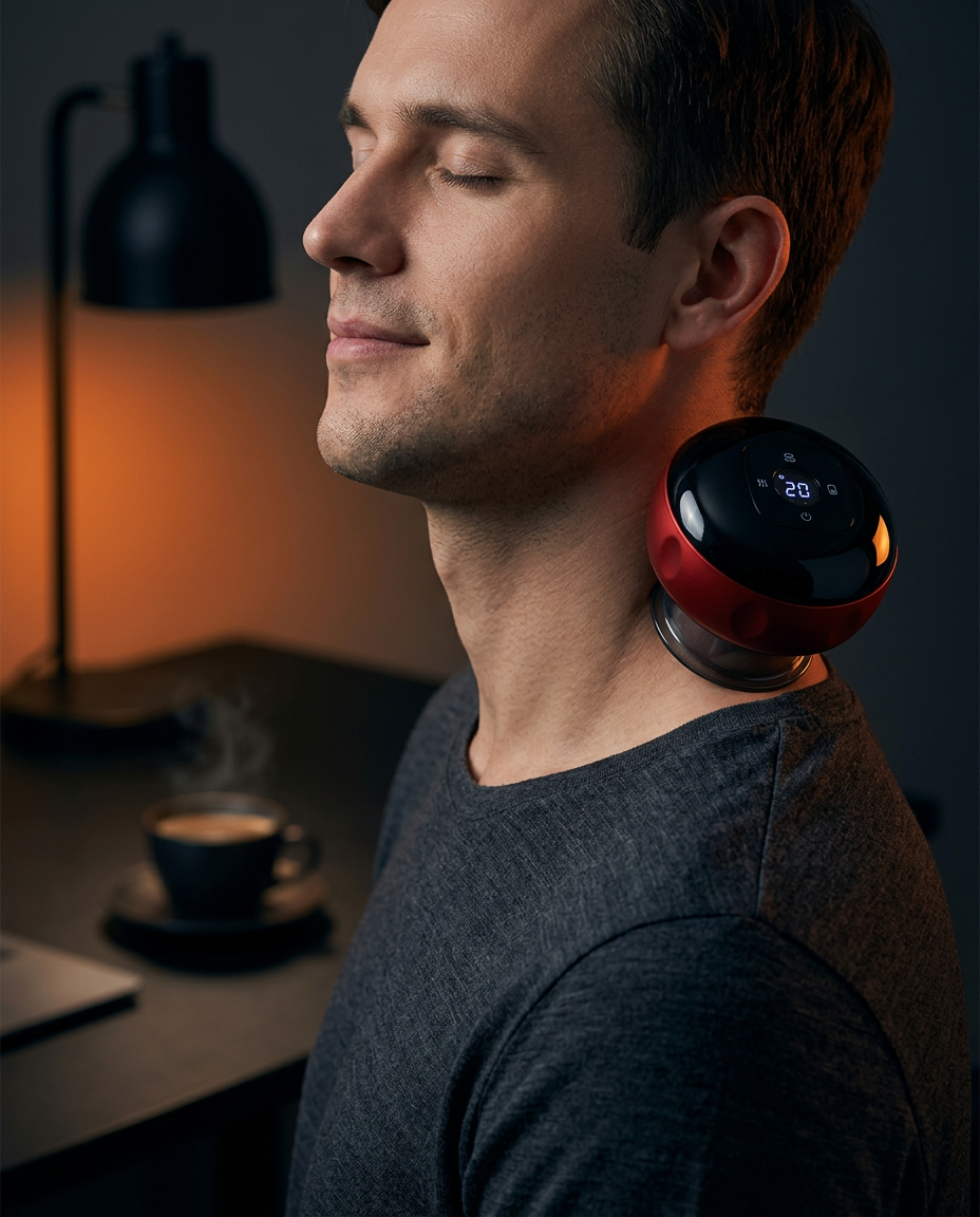 Man relaxing with the red cupping massager held to his neck at a desk