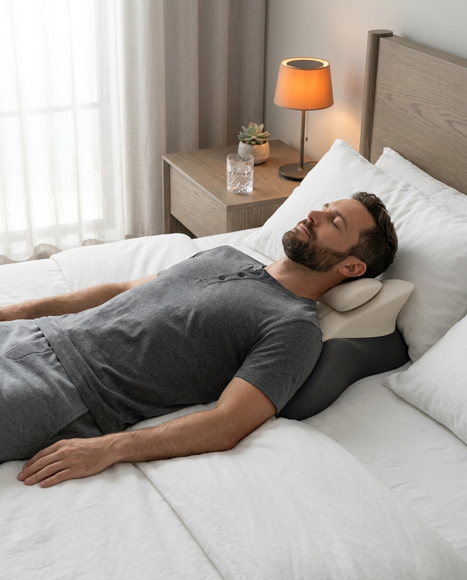 Man lying back in bed using the cervical pillow for neck comfort