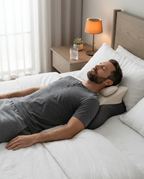 Man lying back in bed using the cervical pillow for neck comfort
