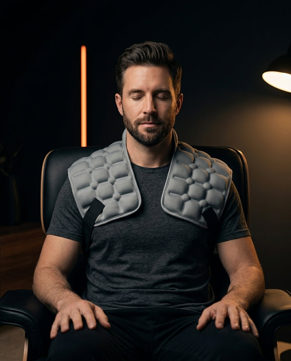 Man relaxing in a chair wearing the comfort pad over his neck and shoulders