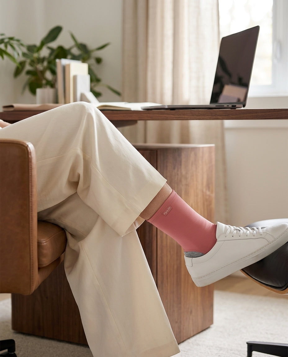Person at a desk wearing the pink ankle sleeve with white sneakers