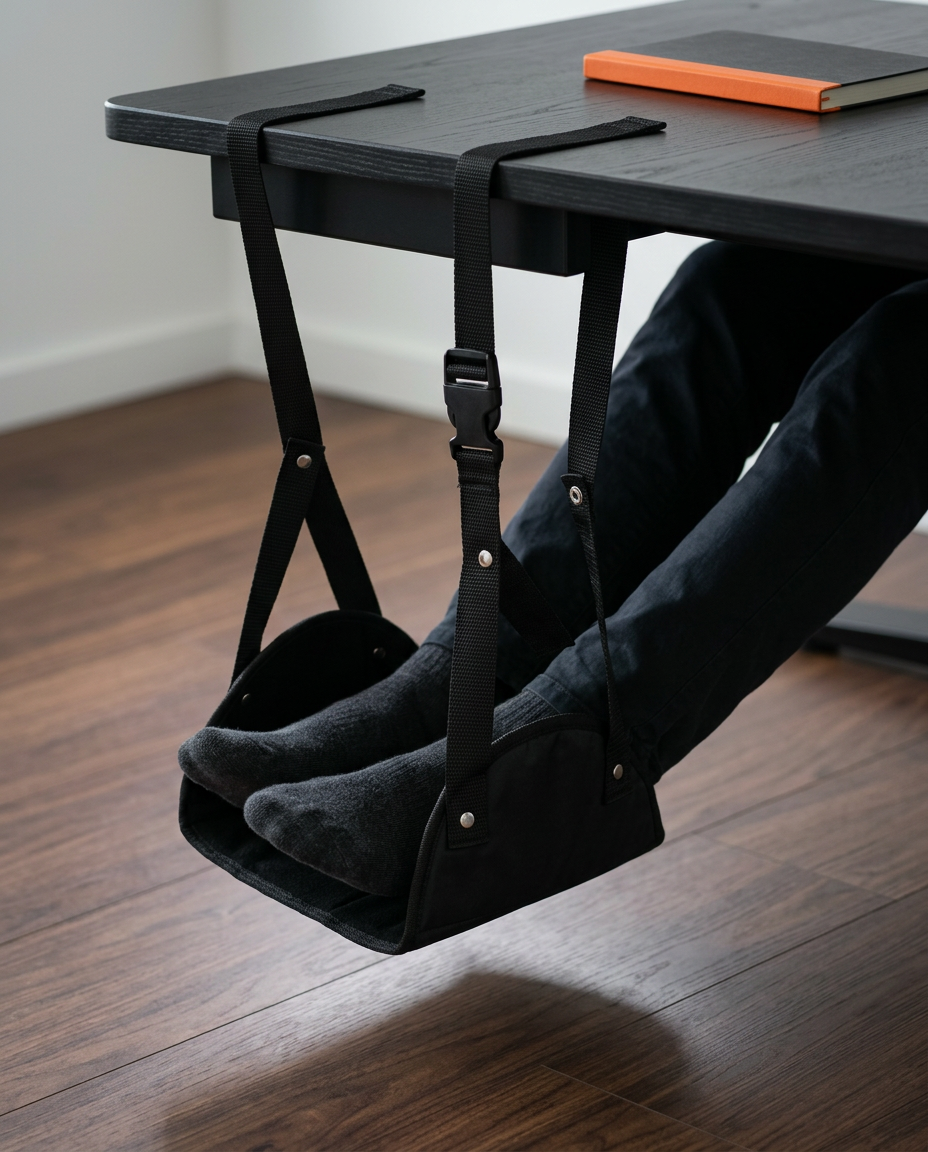 Feet propped in the foot hammock hung under a home office desk