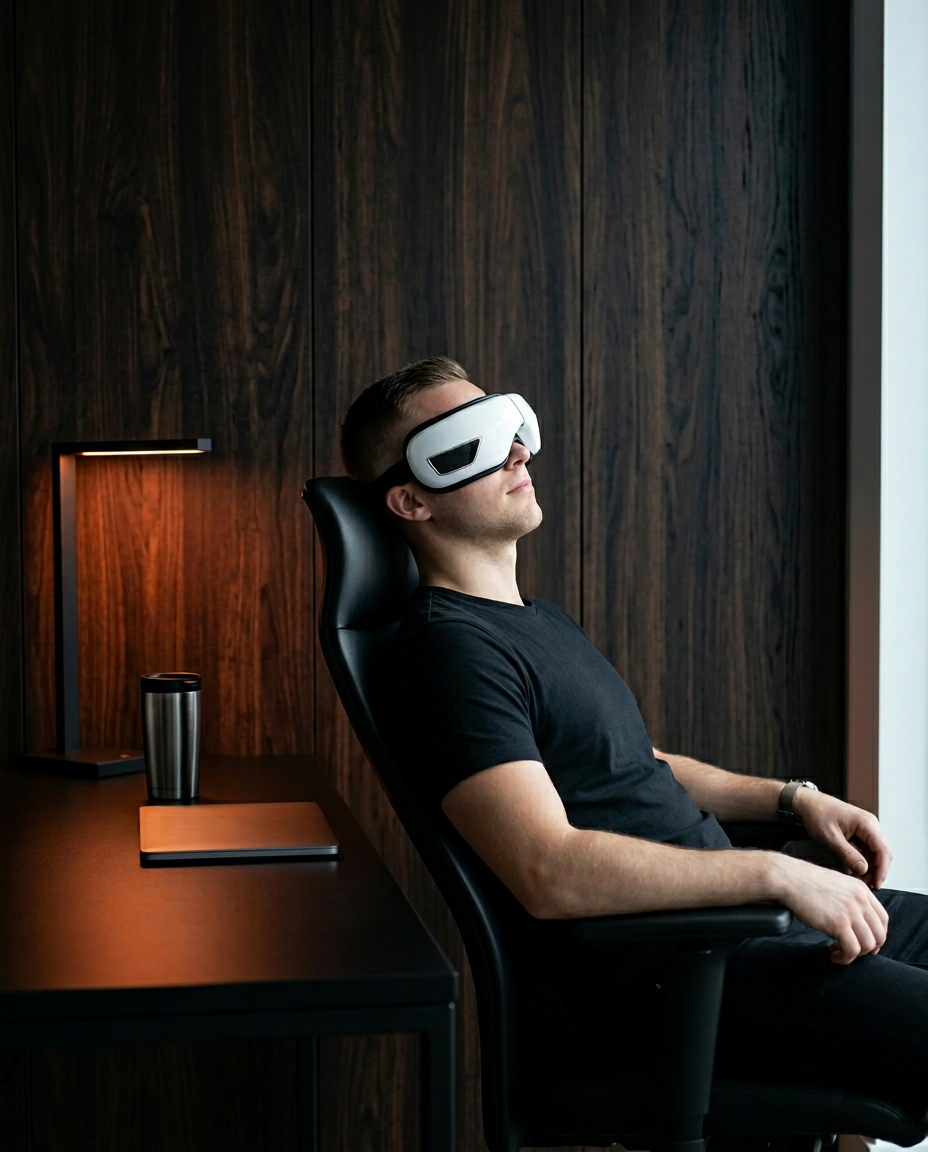 Man leaning back in an office chair wearing the eye massager on a work break