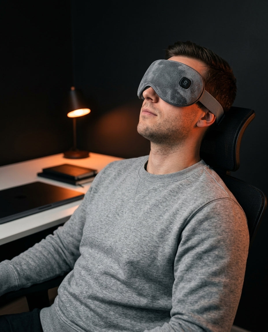 Man reclining in an office chair wearing the grey heated eye massager on a break