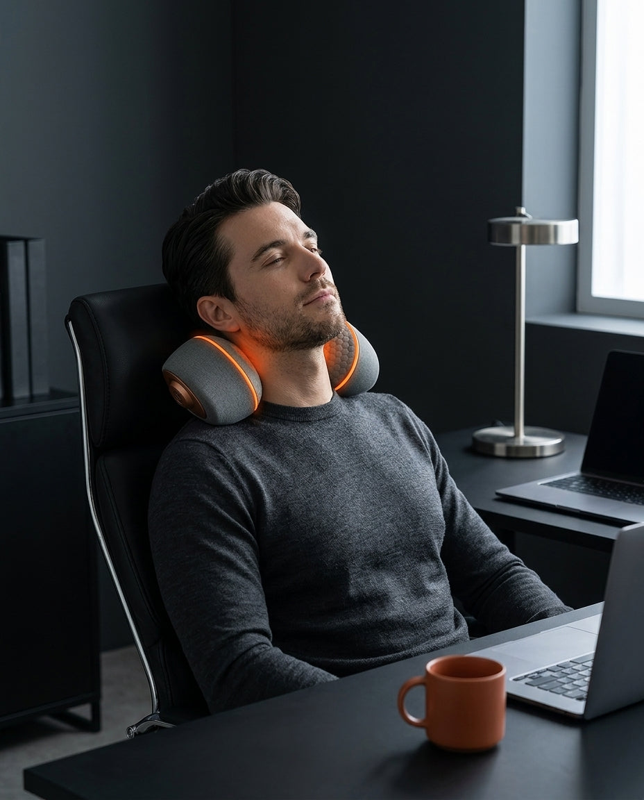 Man leaning back at his office desk wearing the neck massage pillow