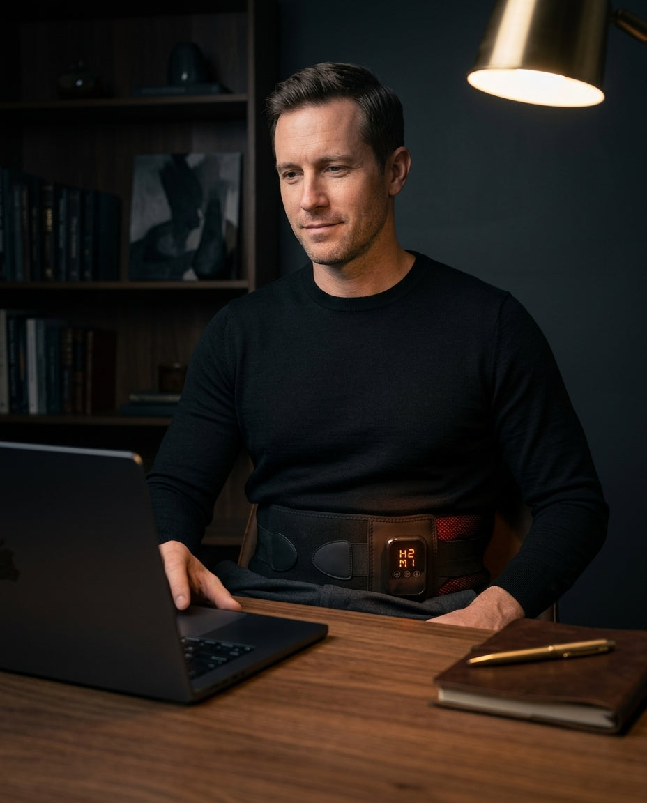 Man at a dark desk working on a laptop while wearing the heated waist massager