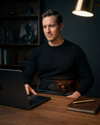 Man at a dark desk working on a laptop while wearing the heated waist massager