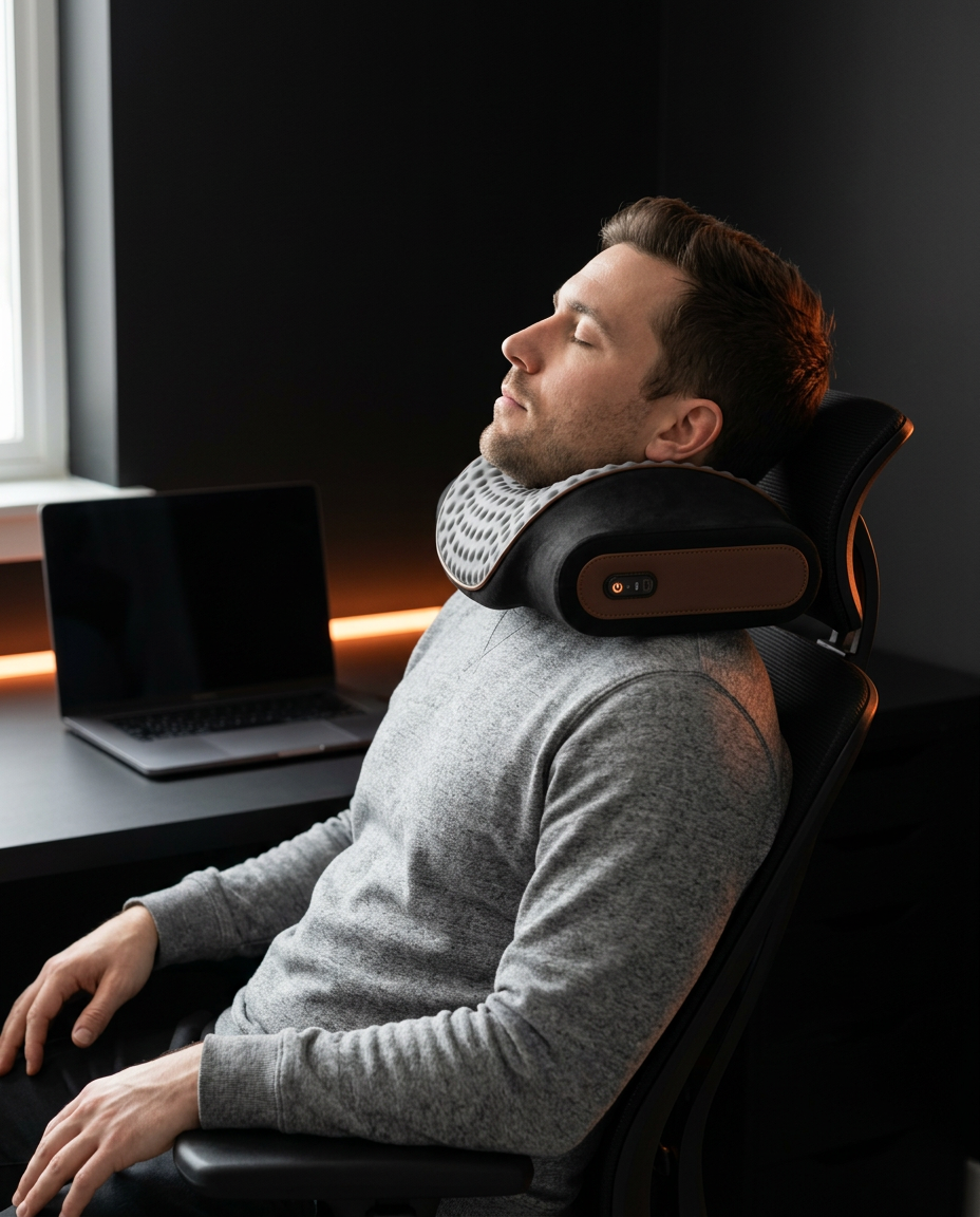 Man relaxing in an office chair using the neck support pillow on a desk break
