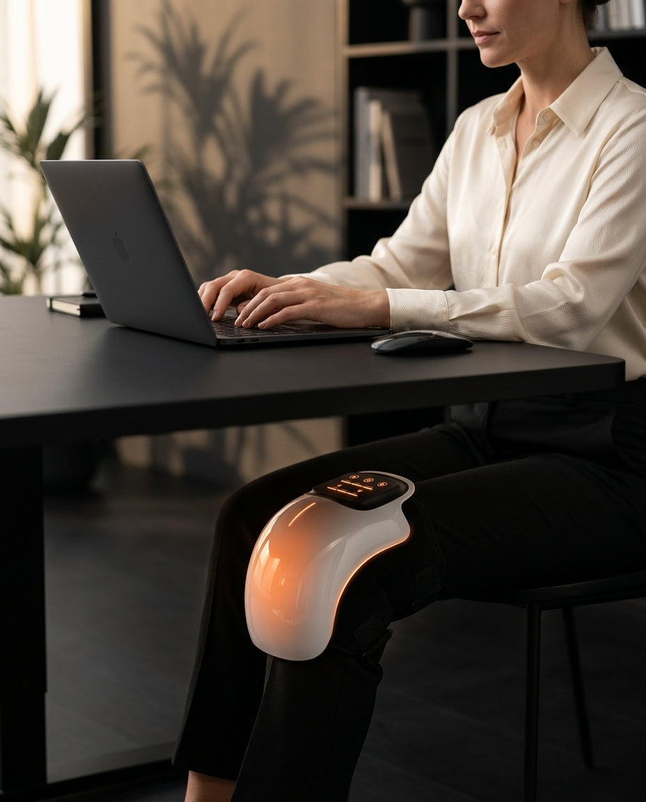 Woman at a desk with the glowing heated knee massager wrapped around her knee