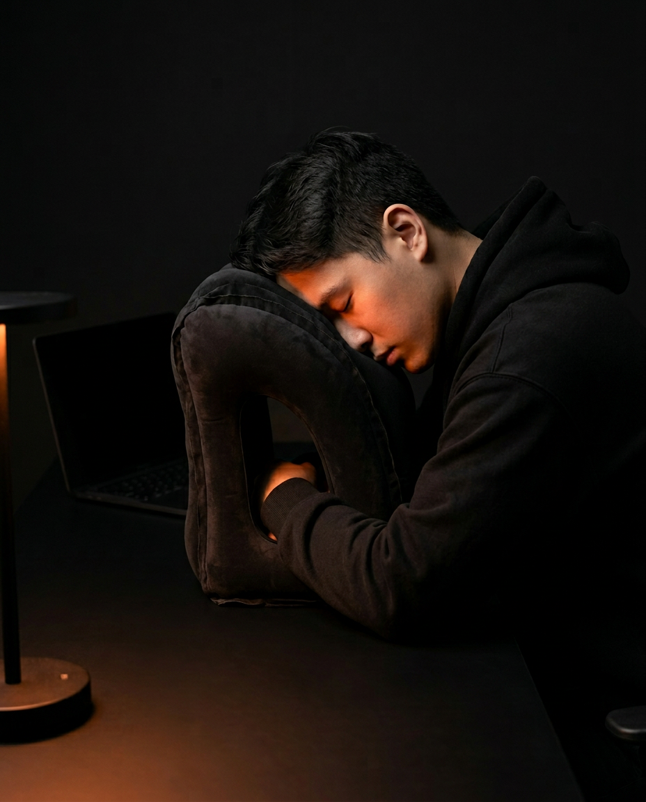 Man napping at his desk resting his head on the inflatable travel pillow