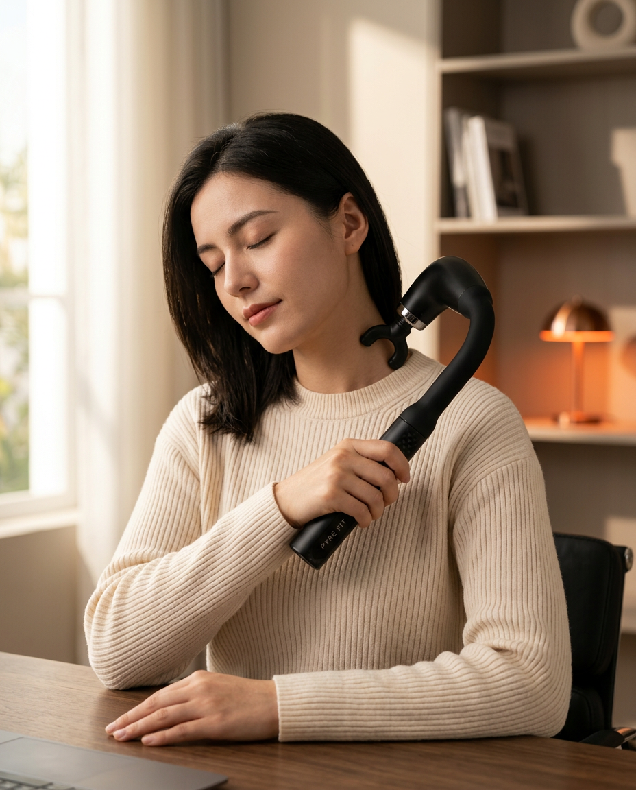 Woman reaching the massage gun's long arm to her neck at an office desk