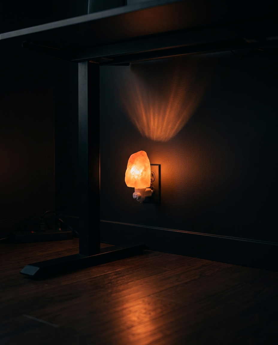 Salt lamp plugged into a wall casting warm light across a dim wood floor