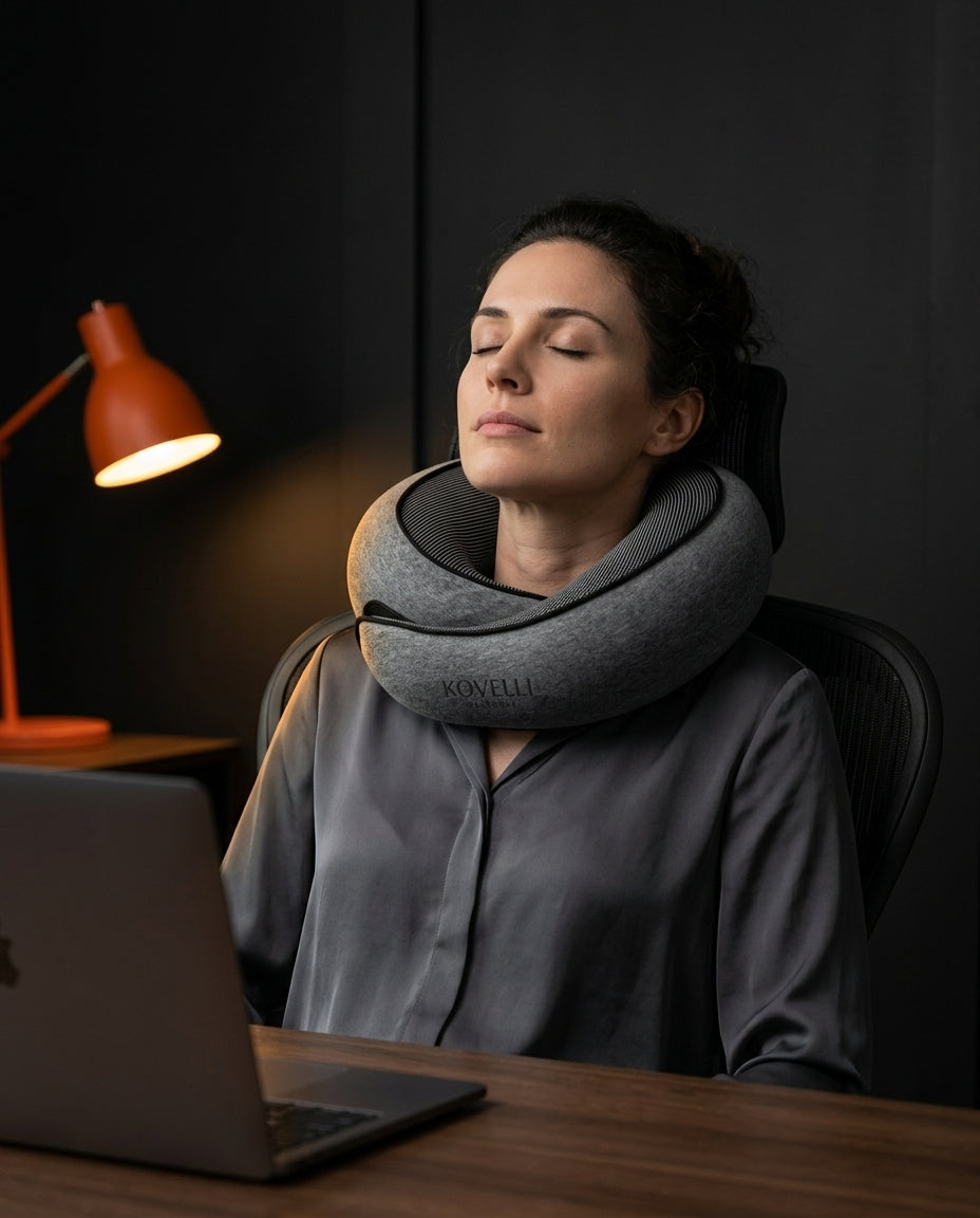 Woman power napping at her desk wearing the grey travel neck pillow