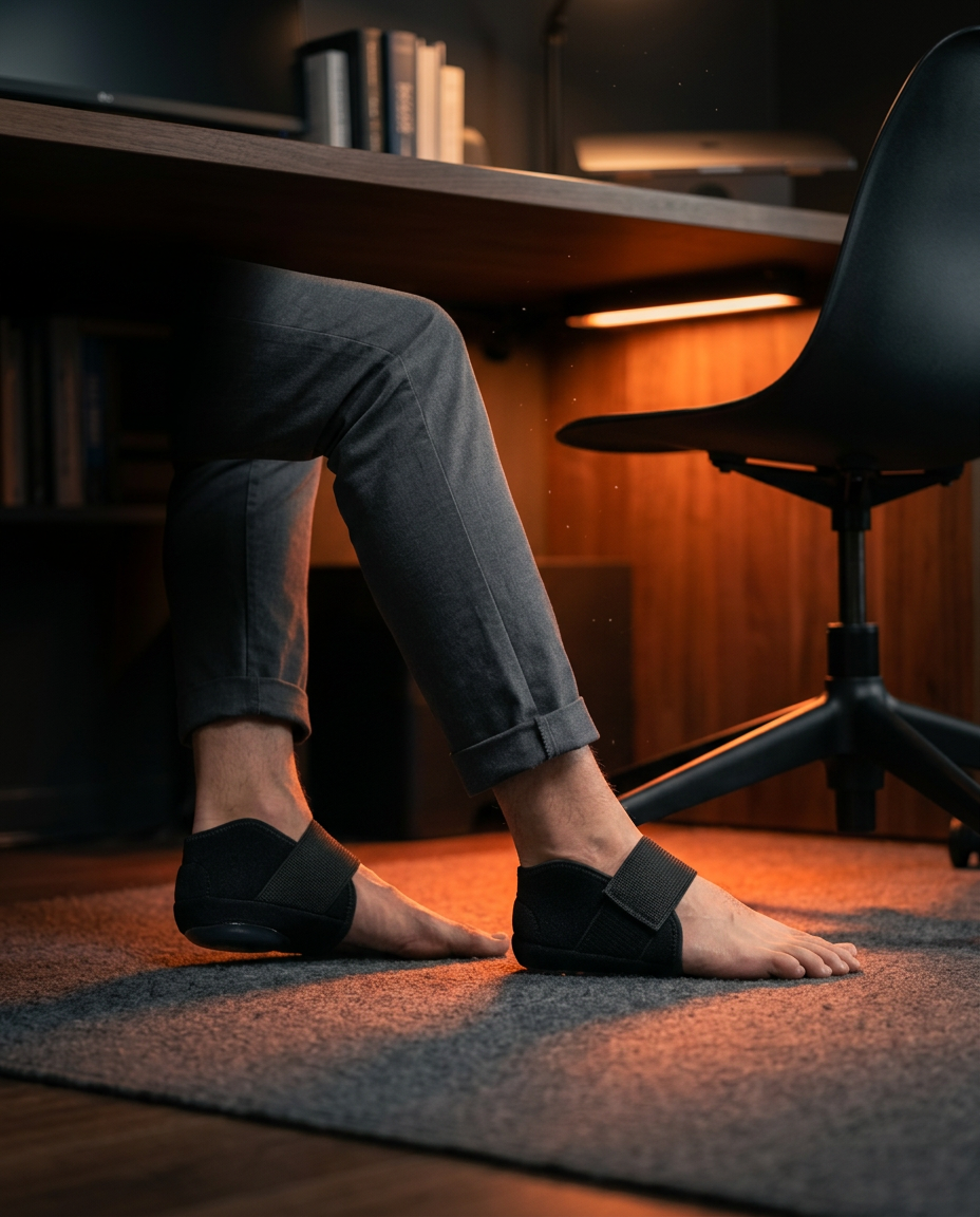 Crossed feet wearing the heel cushions while seated under an office desk