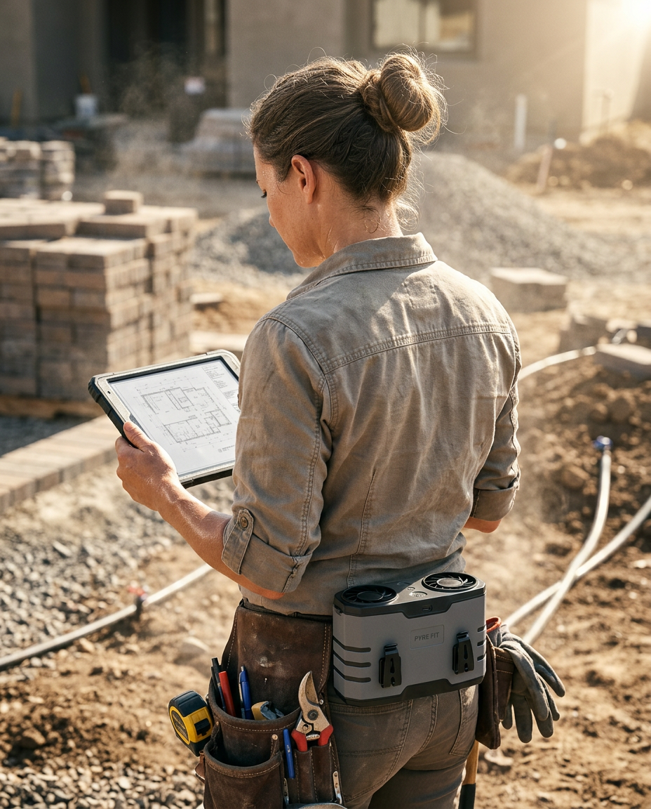 Woman at an outdoor worksite wearing the personal cooling unit at her waist