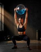 Woman doing an overhead squat pressing the water stability ball above her head