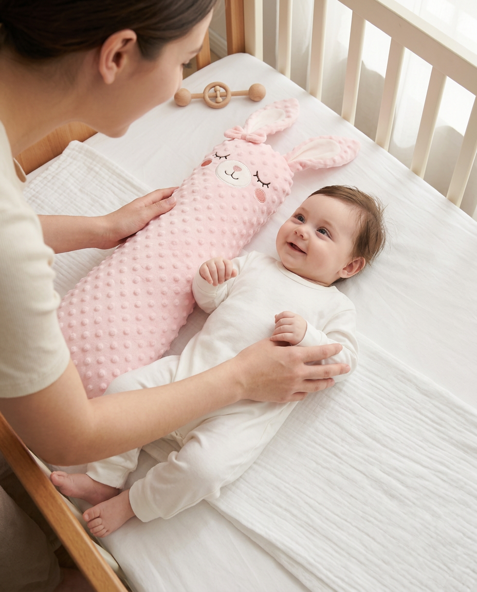 Mother placing a smiling baby in a crib beside the pink plush comfort pillow