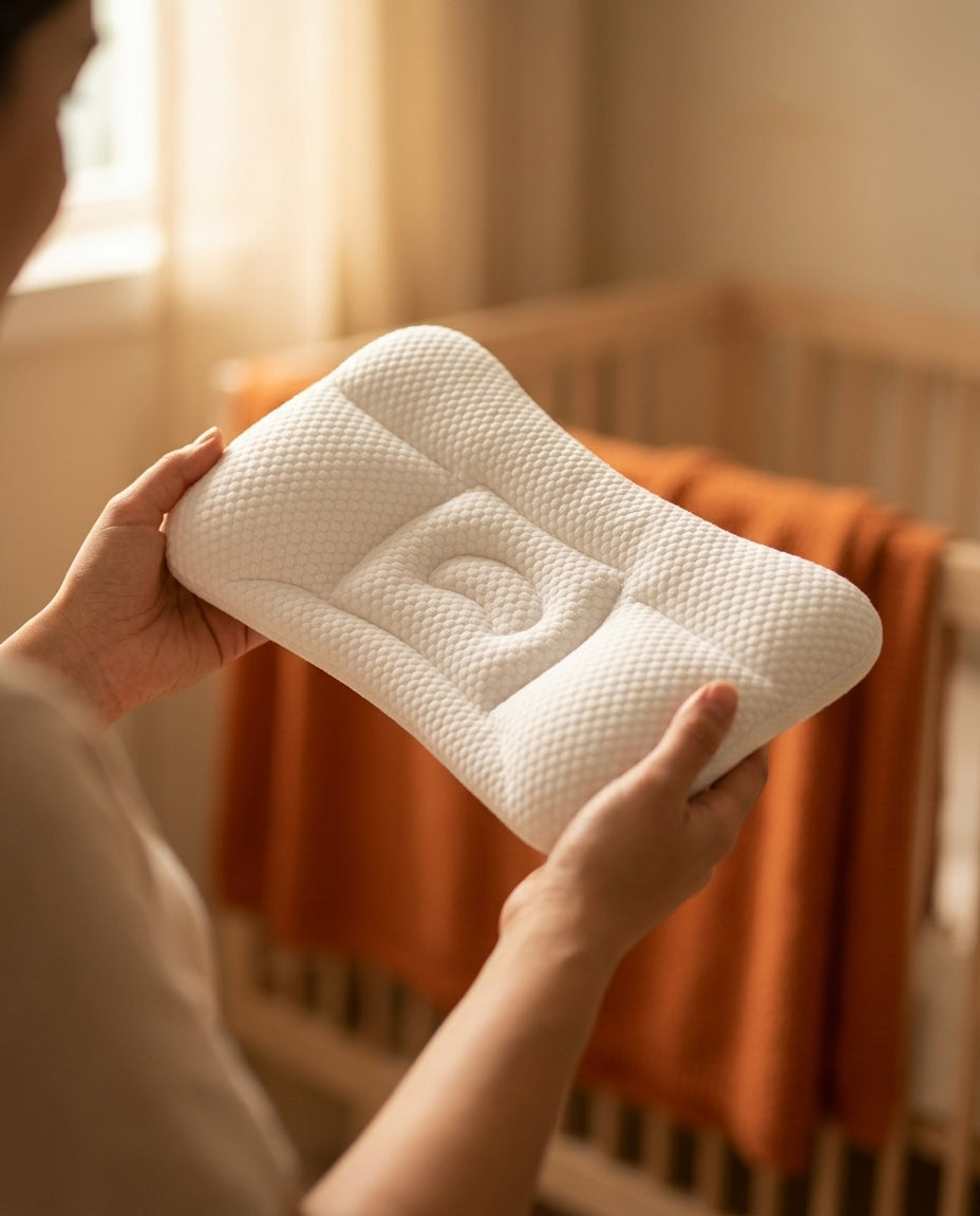 Parent's hands holding the white contoured baby head support pillow by a crib