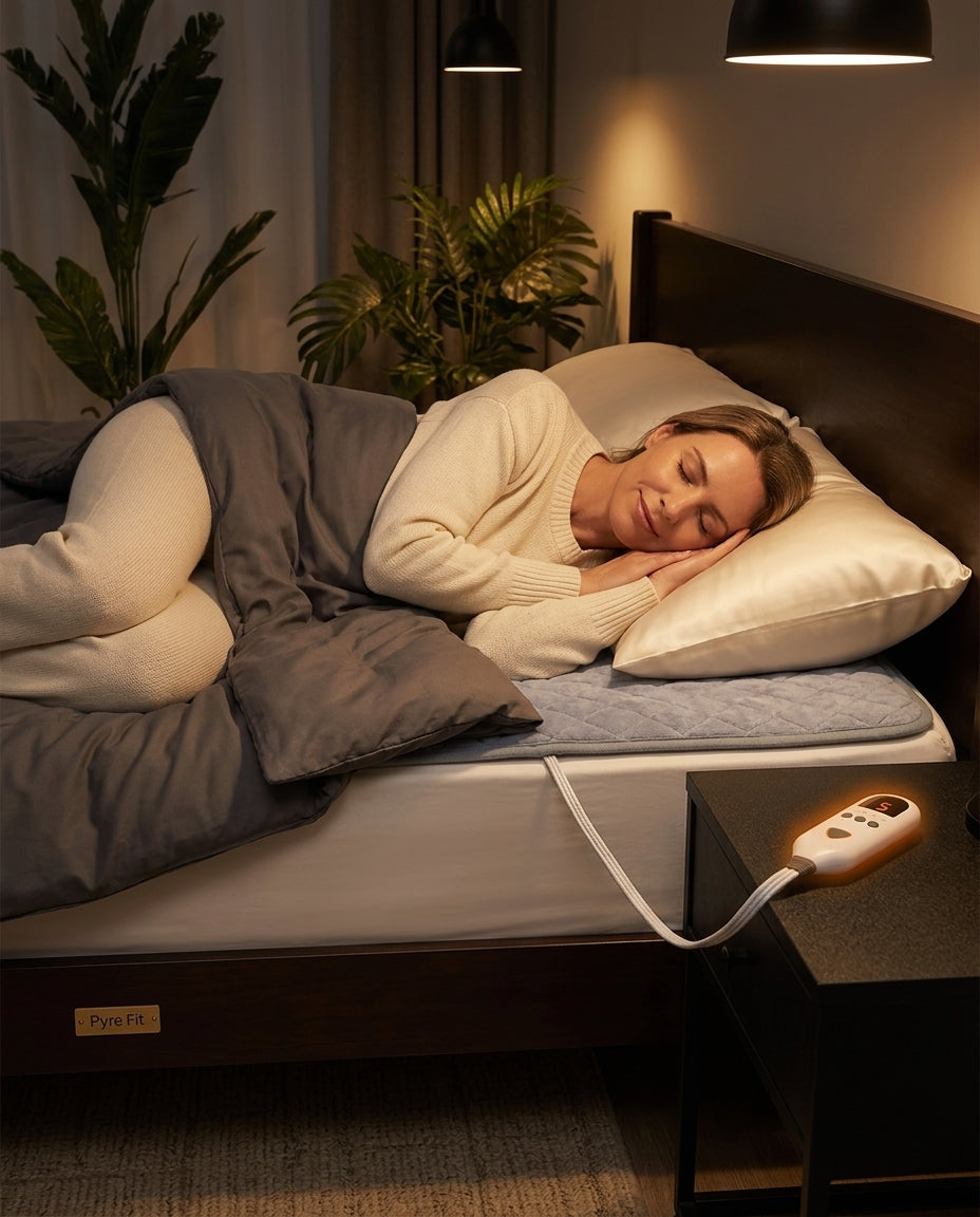 Woman sleeping peacefully on the heated bed pad with the controller nearby
