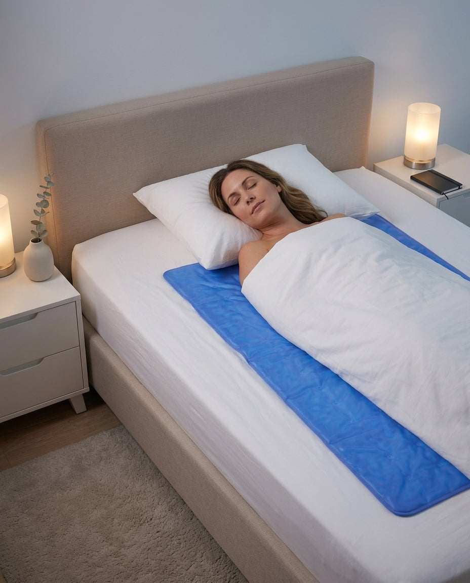 Woman sleeping on her back in bed on the blue cooling gel sleep pad