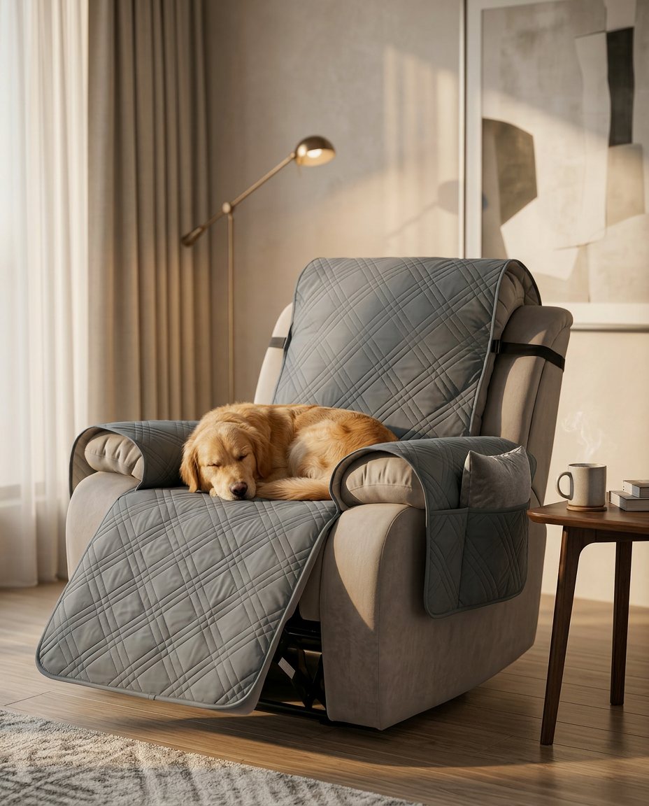Golden retriever resting on a recliner protected by the grey quilted cover