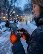 Person using a phone with fingerless heated gloves in a snowy park