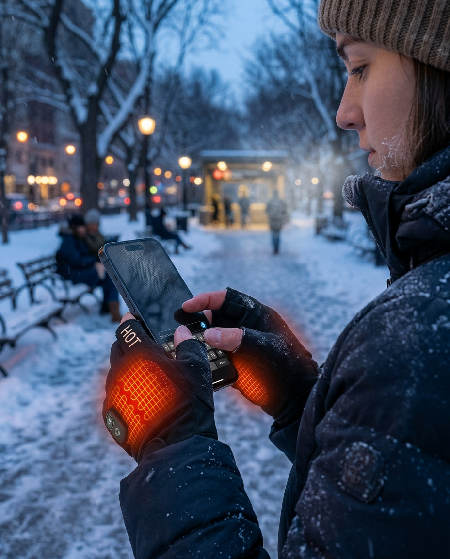 Person using a phone with fingerless heated gloves in a snowy park