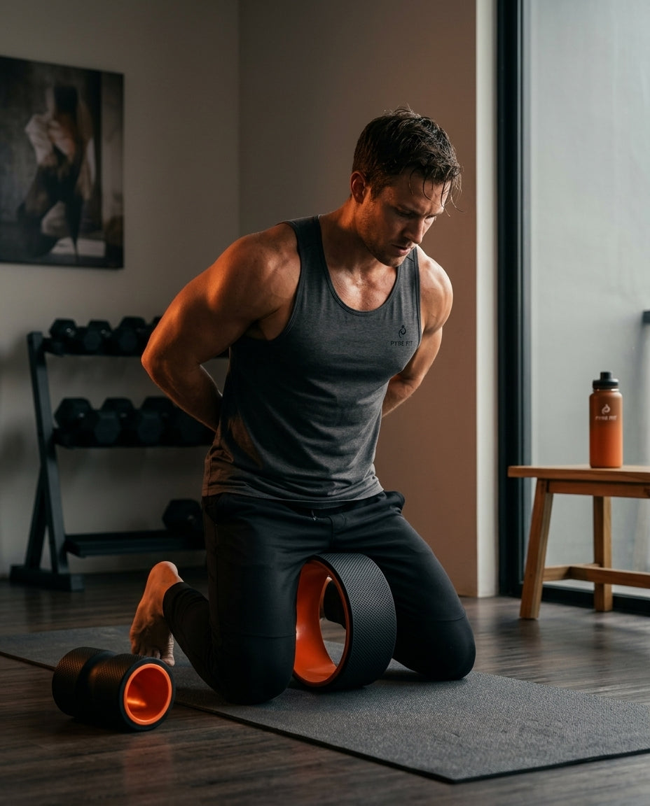 Man kneeling to use the orange back roller after a home workout