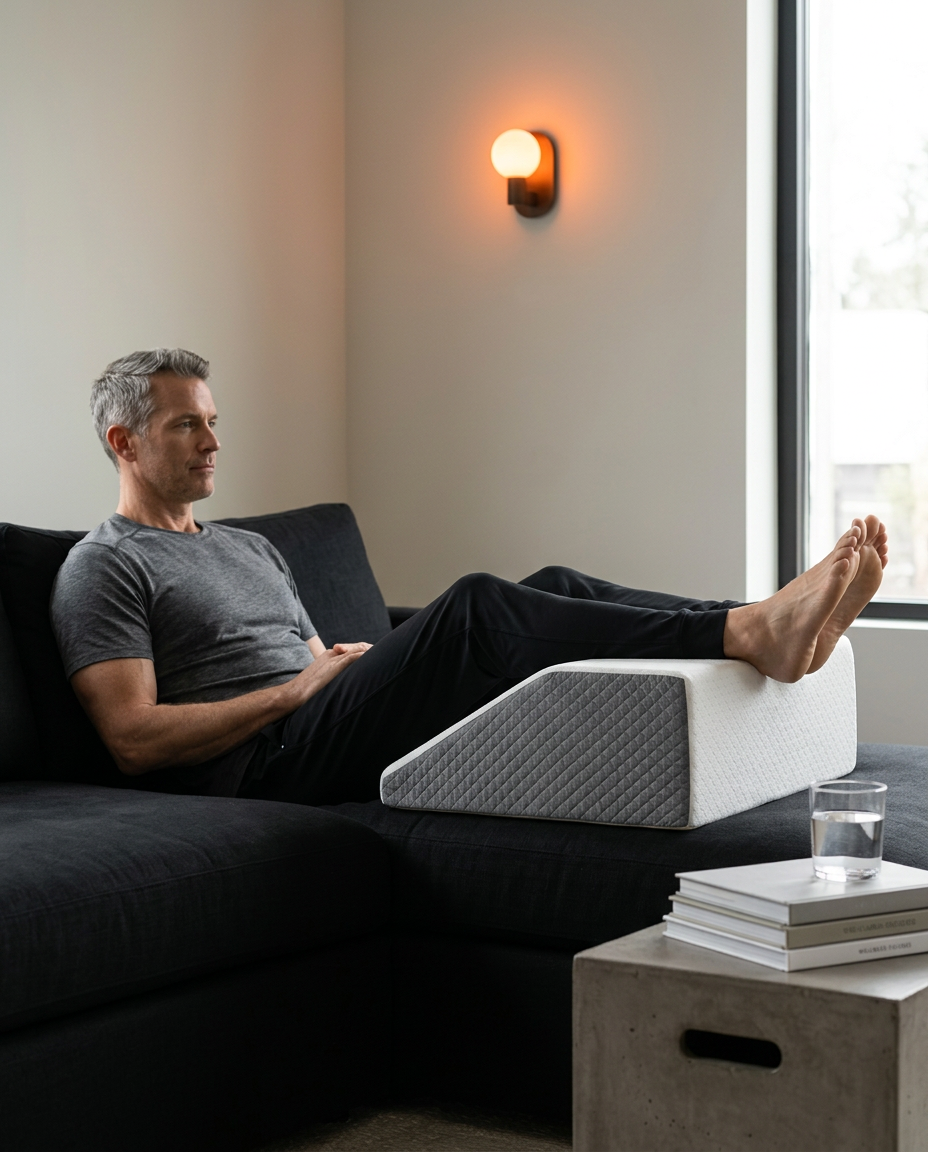 Man on a sofa with feet raised on the leg elevation wedge for recovery