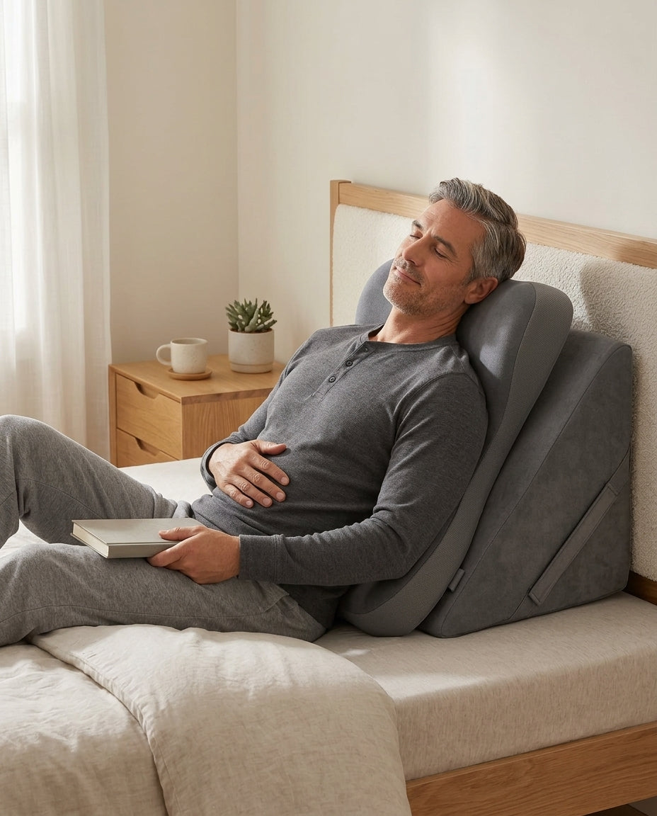 Man resting and recovering propped upright on the gray sleep wedge lounger in bed