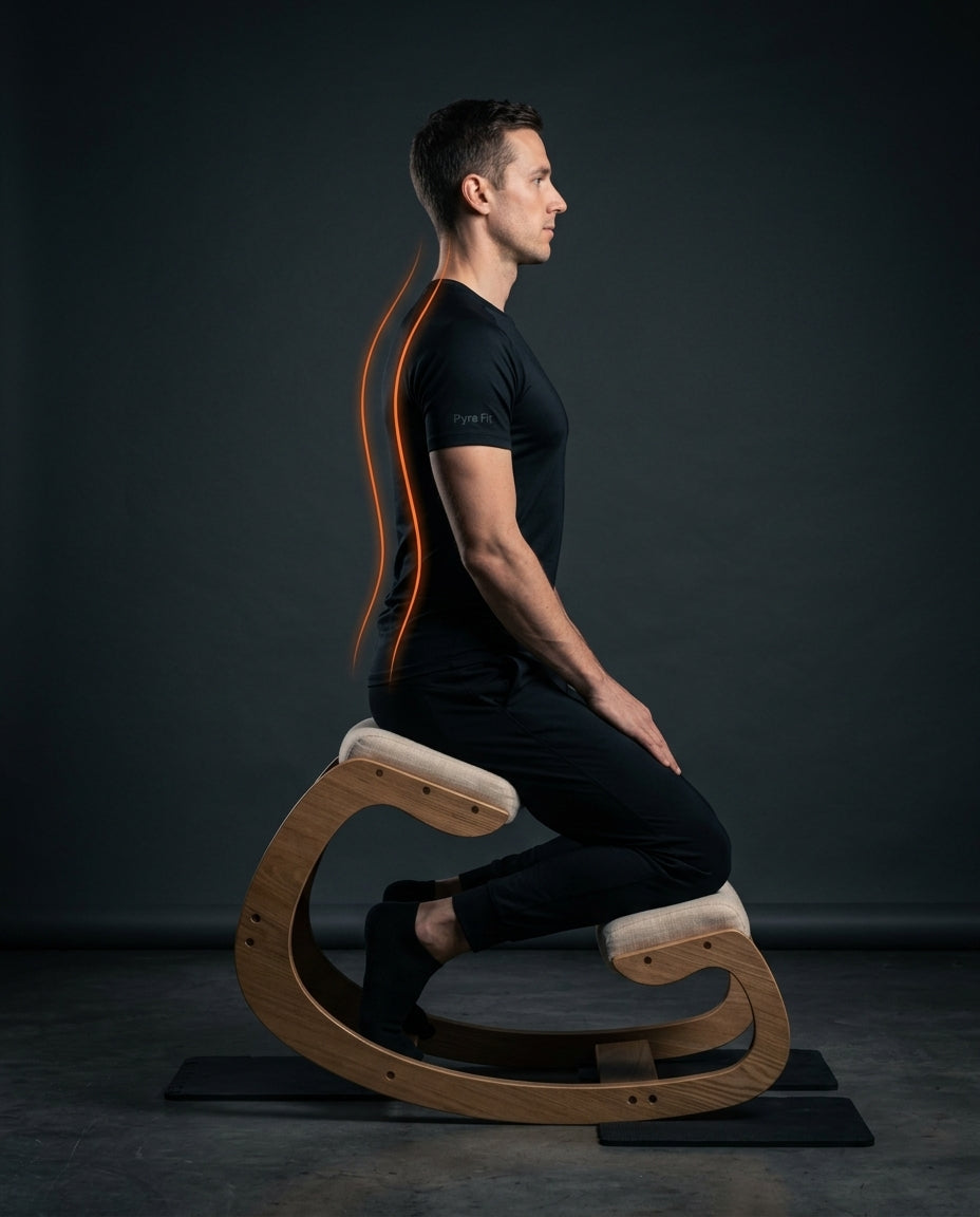 Side profile of a man on the kneeling chair with spine alignment highlighted