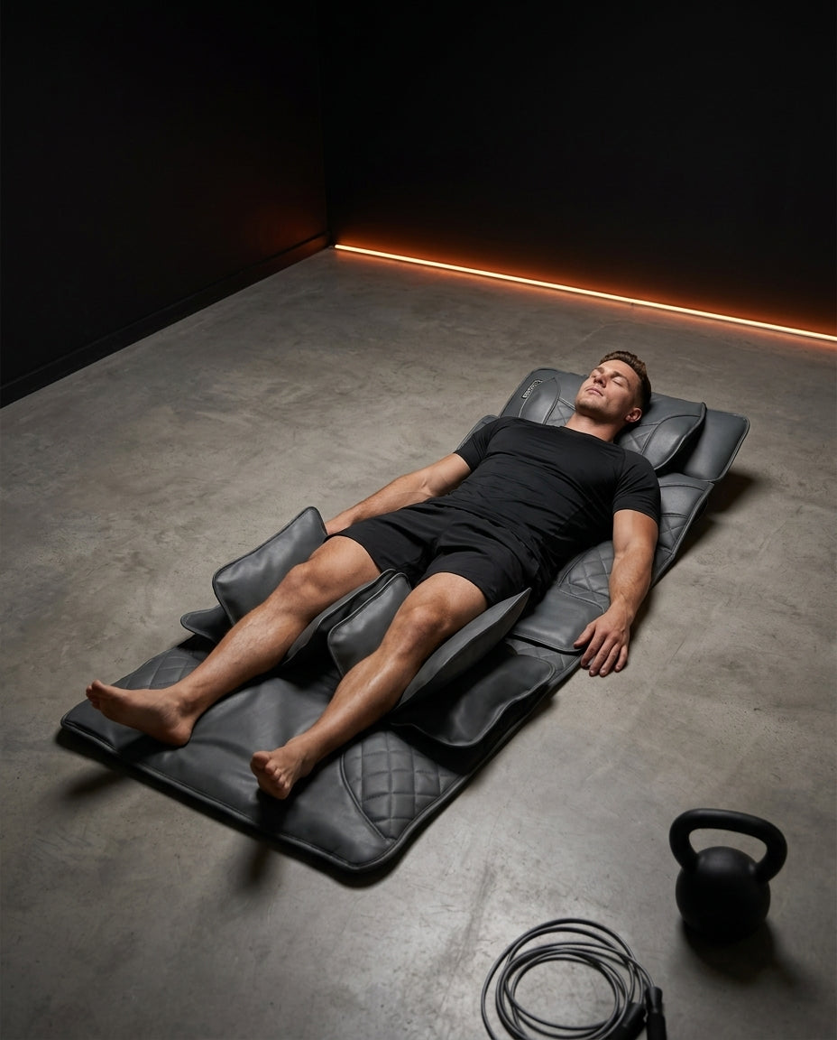 Man lying on the massage mat on a gym floor after a workout, kettlebell near