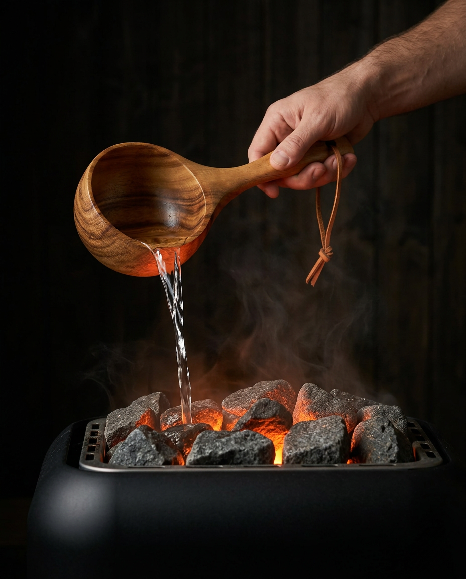 Hand pouring water from the wooden ladle over glowing sauna stones