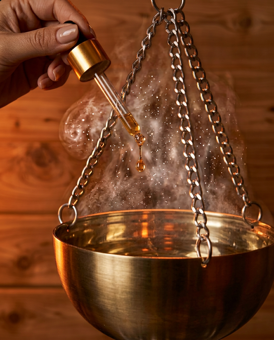 Hand dropping essential oil from dropper into steaming sauna oil bowl