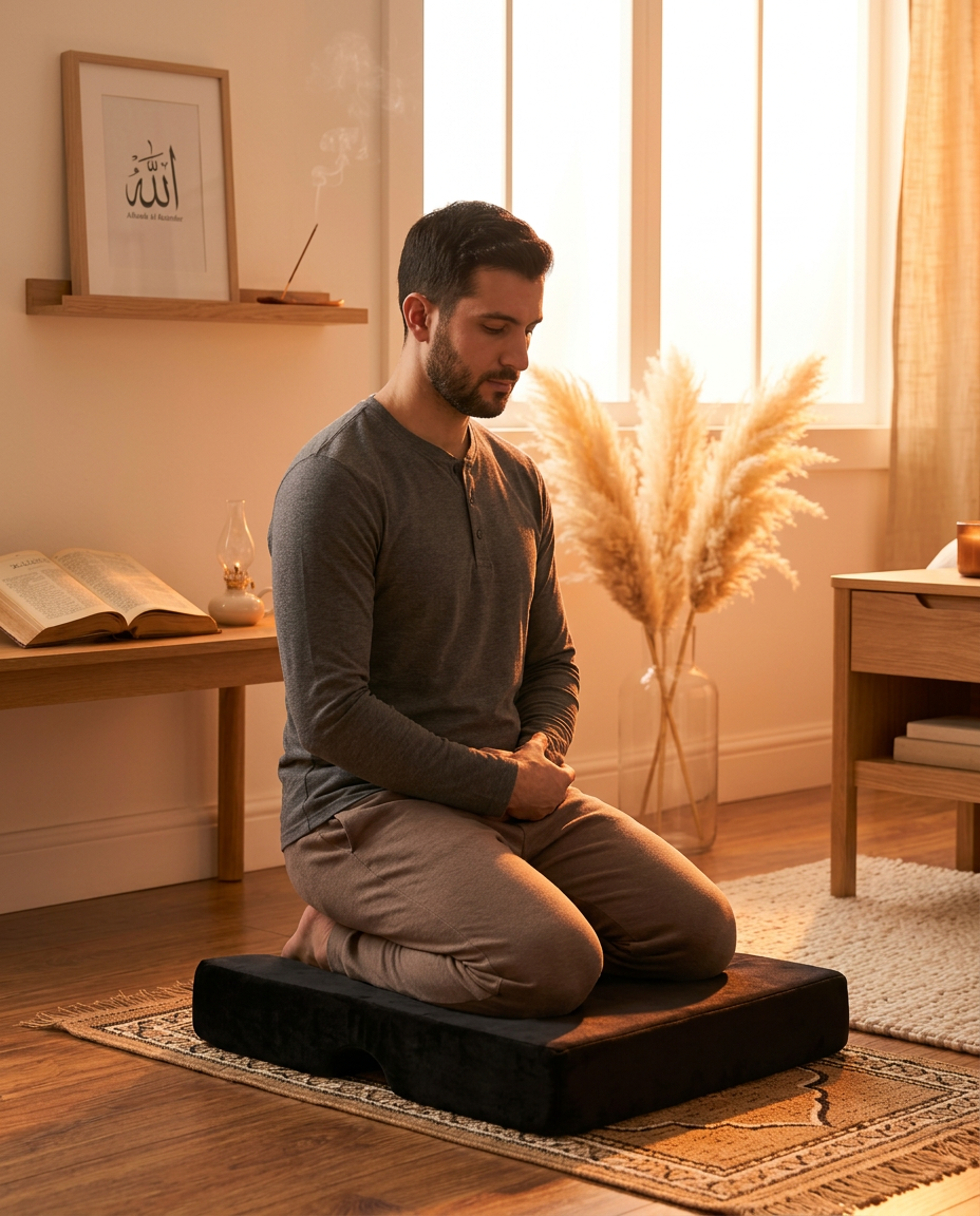 Man kneeling in prayer on the black memory foam cushion by a window