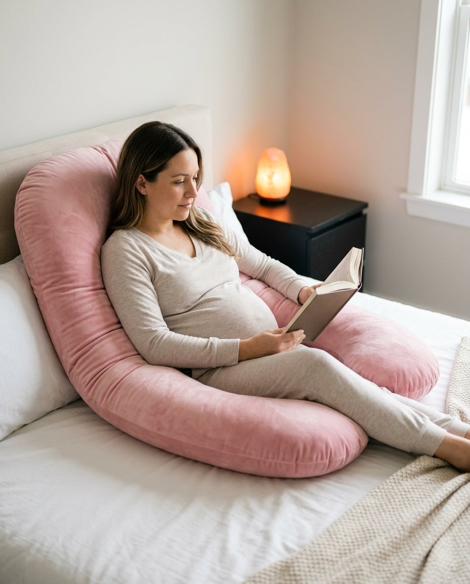 Pregnant woman reading supported by a pink U-shaped pregnancy pillow