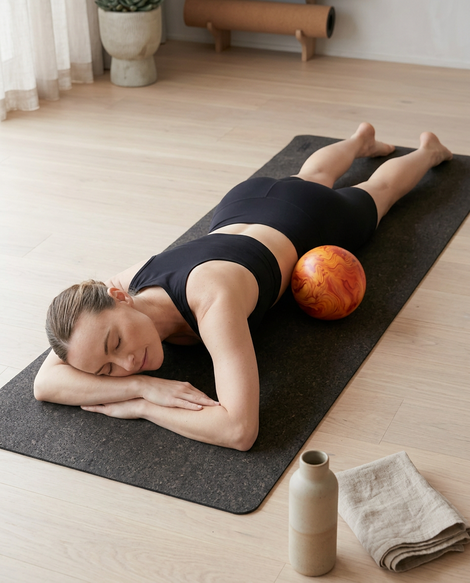 Woman lying prone on a mat doing psoas release with the mobility ball
