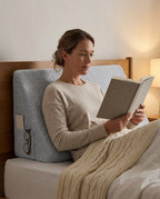 Woman reading in bed leaning back against the grey wedge support pillow